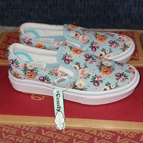 Rare ComfyCush Slip On Vans Sample Shoes Size 13 (Garden Floral) Aquatic / White - Picture 8 of 10